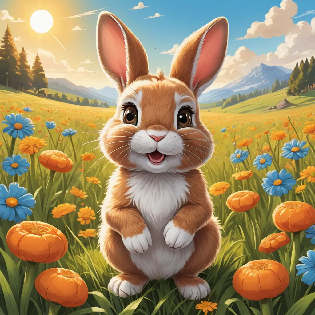 a painting of a rabbit sitting in a field of flowers with a sun in the background and a blue sky, furry art, a digital painting, Chris LaBrooy, rossdraws global illumination