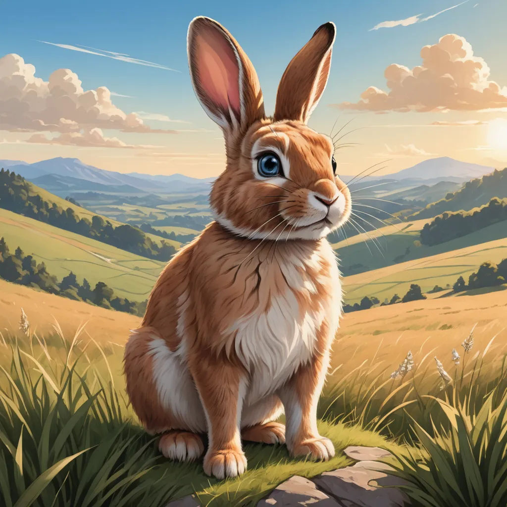 a painting of a rabbit sitting on a hill with a view of the countryside behind it and a blue sky with clouds, furry art, a digital painting, Chris LaBrooy, official art