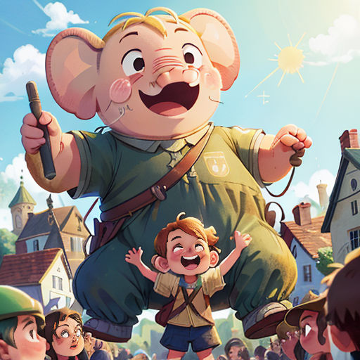 a cartoon of a man riding on the back of a giant elephant in a crowd of people in front of a building