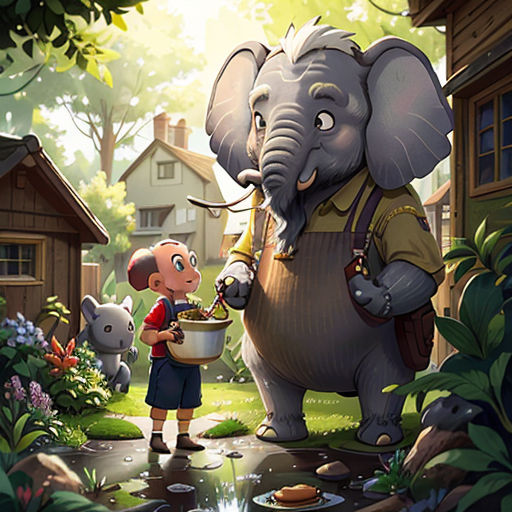 a cartoon elephant and a boy are in the woods with a watering can and a watering can in front of them