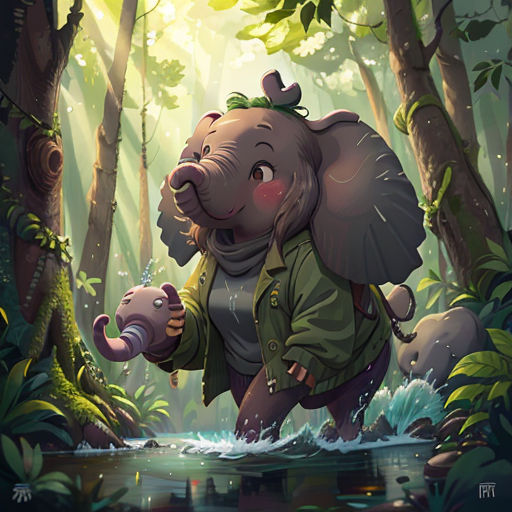 an elephant in a forest with a baby elephant in its trunk and a man in a green jacket on his back