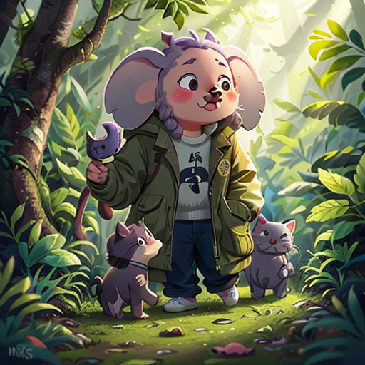 a cartoon character holding a small dog in a forest with other animals around him and a forest background with trees and leaves