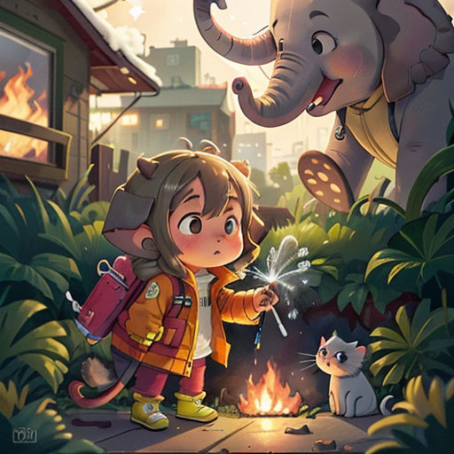 a girl is standing in front of an elephant and a cat with a sparkler in her hand and a cat is looking at her