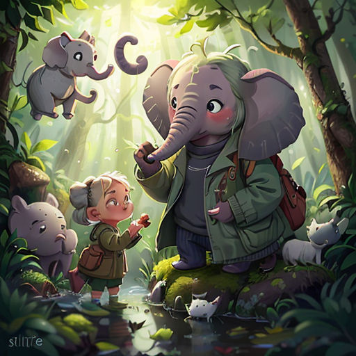 a little boy standing next to an elephant in a forest with other elephants and a baby elephant in the background
