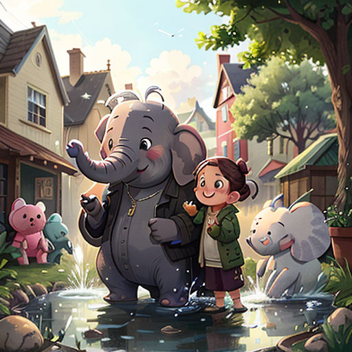 a girl and an elephant are standing in the water near a village with houses and trees and a stream