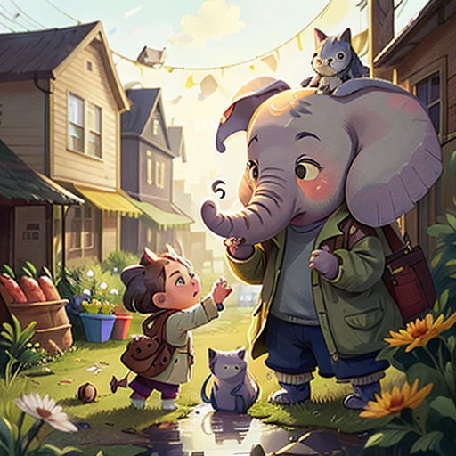 a little boy and an elephant are standing in the grass with a cat on their shoulders and a cat on their shoulder