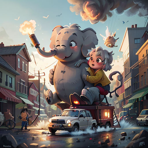 a cartoon elephant riding on the back of a woman in a yellow shirt and a white car in a city