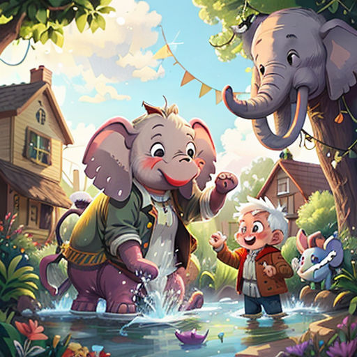 a cartoon elephant and a boy are playing in the water with an elephant and a boy in a red jacket
