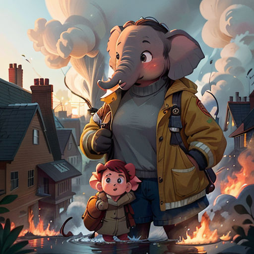 a man and a child are standing in front of an elephant and a fire hydrant in the background