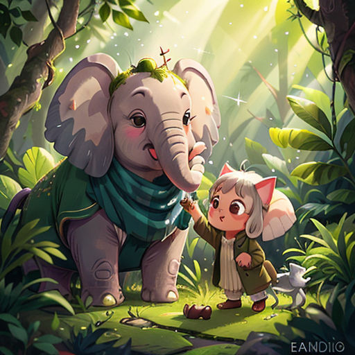 a little girl standing next to an elephant in the forest with a little boy standing next to it and a small elephant