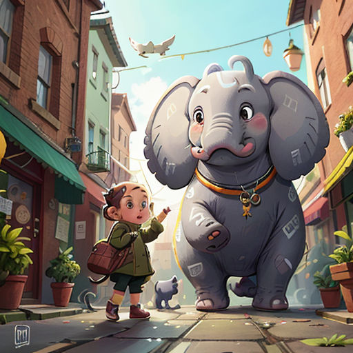 a little girl standing next to an elephant on a street next to a building and a bird flying overhead