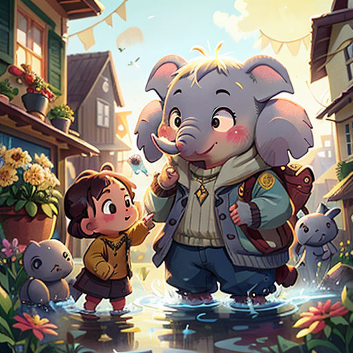 a little boy and an elephant are standing in the water near a small town with houses and flowers on the side