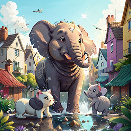 a painting of an elephant and some cats by a river with houses and birds in the background and a bird flying over the water