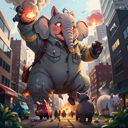 an elephant is flying through the air with a fire in its trunk and a man on the back of it