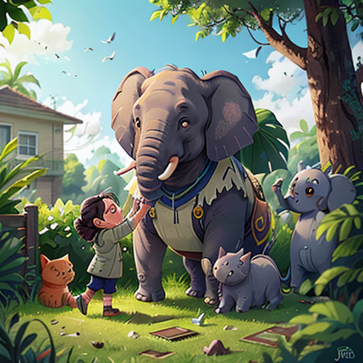 a boy is standing next to an elephant and other animals in the grass and trees, with a house in the background