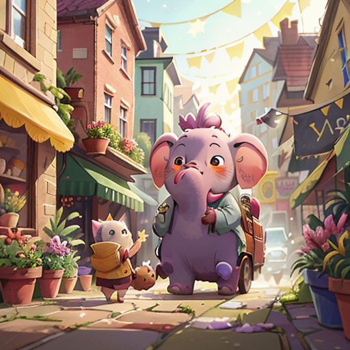 a cartoon elephant is walking down a street with a cat and a mouse in front of a storefront