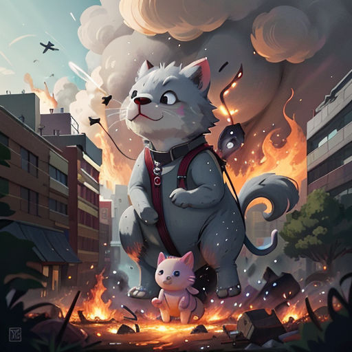 a cat and a kitten are standing in front of a fire with a sky background and a building with a bird flying overhead