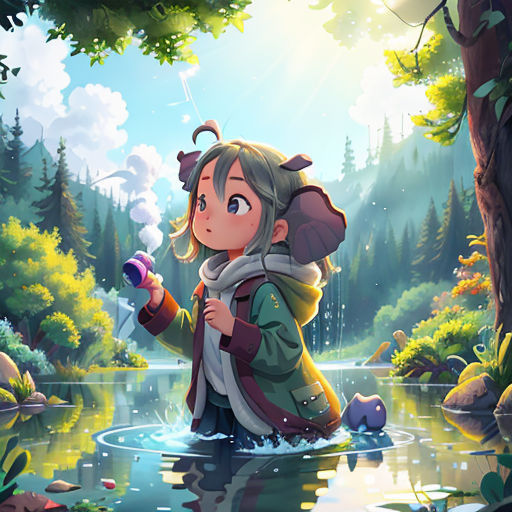 a girl in a green jacket is standing in a river with a backpack on her back and a pink object in her hand