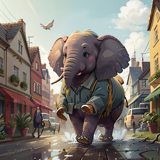 an elephant is walking down a city street with a bird flying overhead in the background, and a person is walking on the sidewalk
