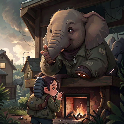 a girl is standing next to an elephant in a forest with a fire place in the background and a man is standing next to the elephant
