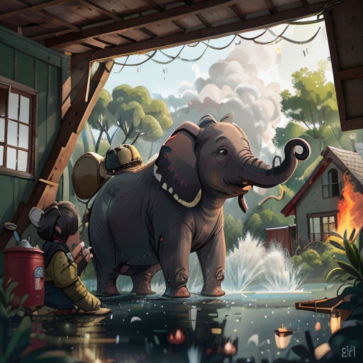 a couple of people are playing with an elephant in a room with a fire hydrant and a house