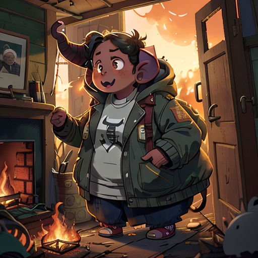 a cartoon character standing in front of a fire place with a fireplace in the background and a picture of a man on the wall
