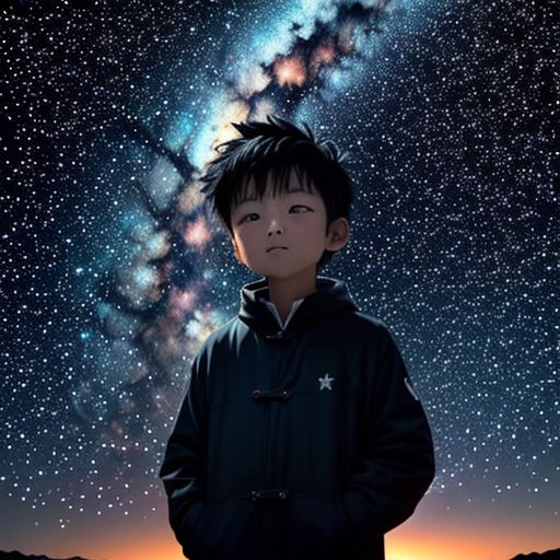 a boy standing in front of a night sky with stars and a star filled sky behind him, with a star filled sky and stars in the background