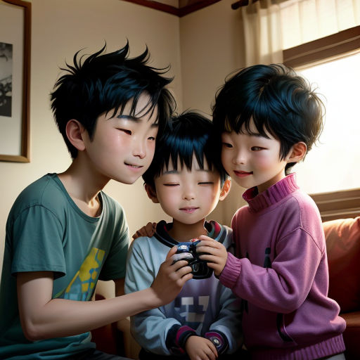 three asian children are looking at a camera together in a living room with a window behind them and a picture of a man and two women