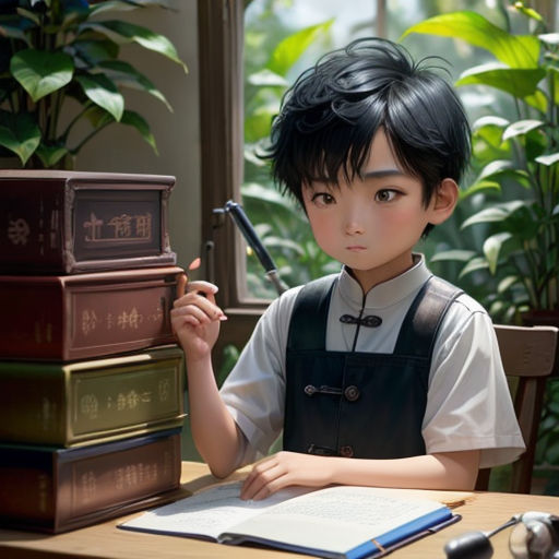 a boy sitting at a desk with a pen and book in his hand and a stack of books behind him