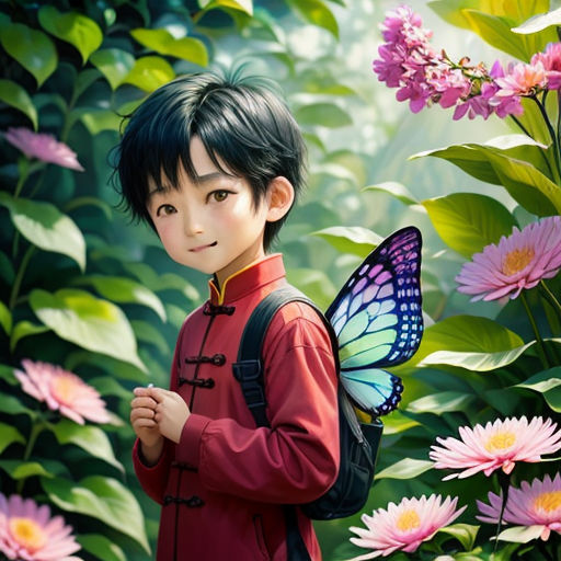 a boy with a butterfly on his shoulder standing in front of flowers and plants with a butterfly on his shoulder