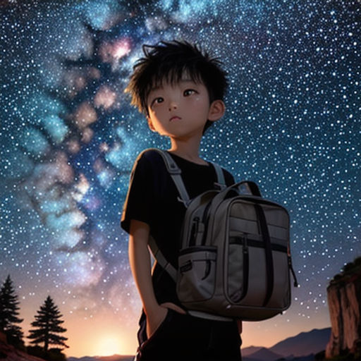 a boy with a backpack looking up at the stars in the sky above him, with a mountain in the background