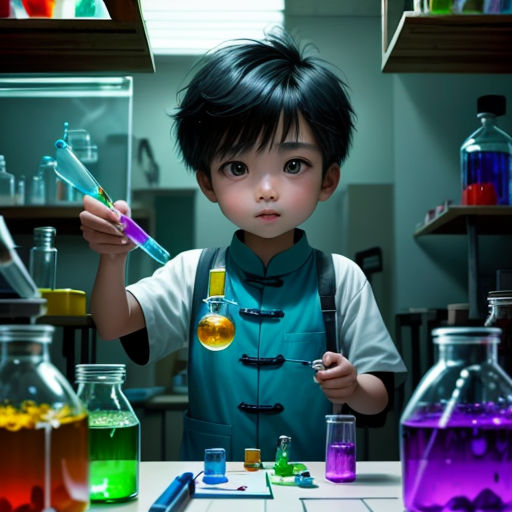a young boy holding a beakle and a pipe in a lab filled with liquid and flasks