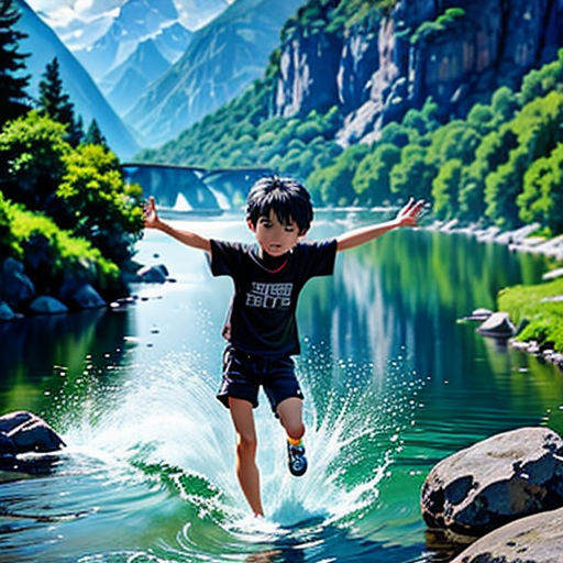 a painting of a boy running in the water with mountains in the background and a river running through it