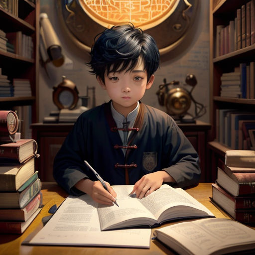 a boy sitting at a desk with a book and pen in his hand and a book in front of him