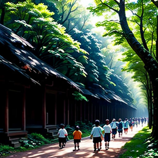 a group of people walking down a path next to a forest filled with trees and bushes on either side of a building