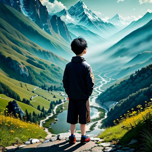 a boy standing on a mountain looking at a valley with mountains in the background and a river running through it