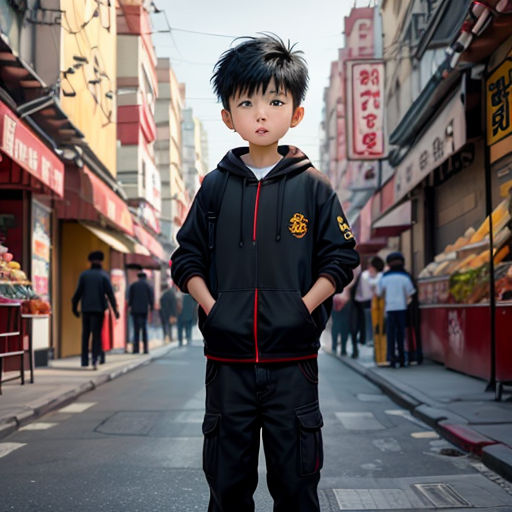 a young boy standing on a street corner in a city with buildings and people in the background, wearing a black and red hoodie