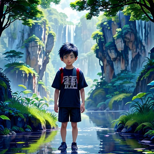 a boy standing in a forest with a waterfall in the background and a waterfall in the foreground, with a waterfall in the background