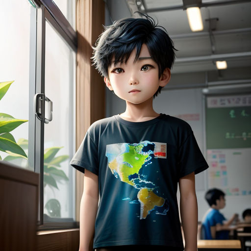 a young boy with a t - shirt with a picture of the world on it, standing in front of a window