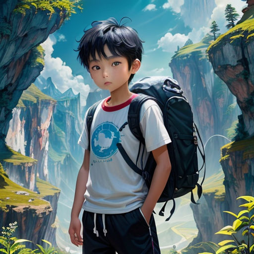 a boy with a backpack standing in front of a mountain landscape with a waterfall and a forest in the background
