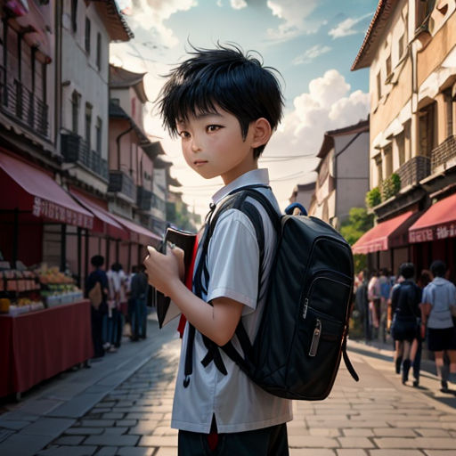 a young boy with a backpack and a cell phone in his hand standing on a street lined with buildings