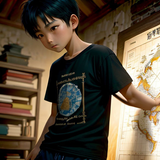 a boy standing in front of a map with a black shirt on and a black shirt on his chest