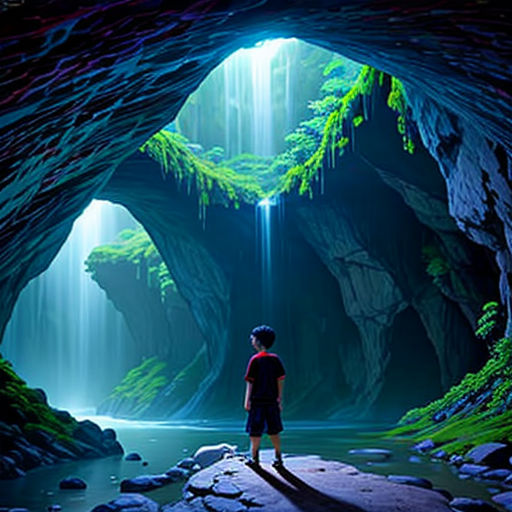 a boy standing in a cave looking at a waterfall and waterfall in the background with a bright light coming from the cave