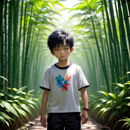 a young boy standing in a bamboo forest with a light shining through the leaves of the trees behind him
