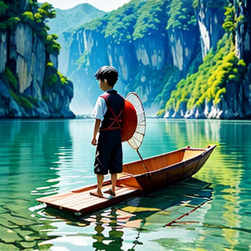 a boy standing on a boat in the water with mountains in the background and a lake in the foreground