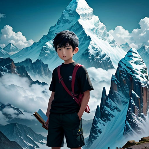 a boy standing on a mountain with a book in his hand and a mountain in the background with clouds