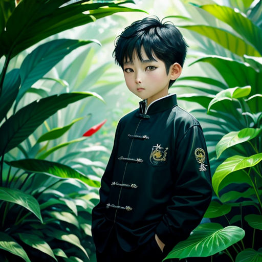 a boy in a black jacket standing in a jungle with plants and flowers around him and a bird flying overhead