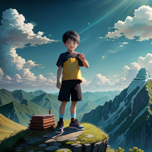 a boy standing on a cliff with a mountain in the background and a sky with clouds above him, with a mountain in the foreground