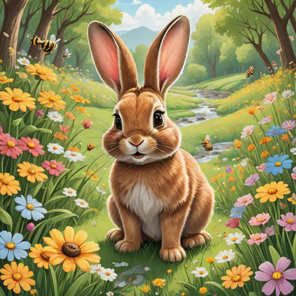 a painting of a rabbit sitting in a field of flowers and bees with a stream in the background and a forest with flowers, Chris LaBrooy, furry art, an airbrush painting, official art