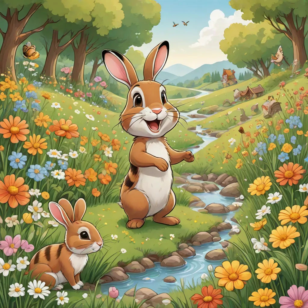 a rabbit and a rabbit are sitting in the grass near a stream of water and flowers, and a forest with flowers and butterflies, Beatrix Potter, furry art, a storybook illustration, official art